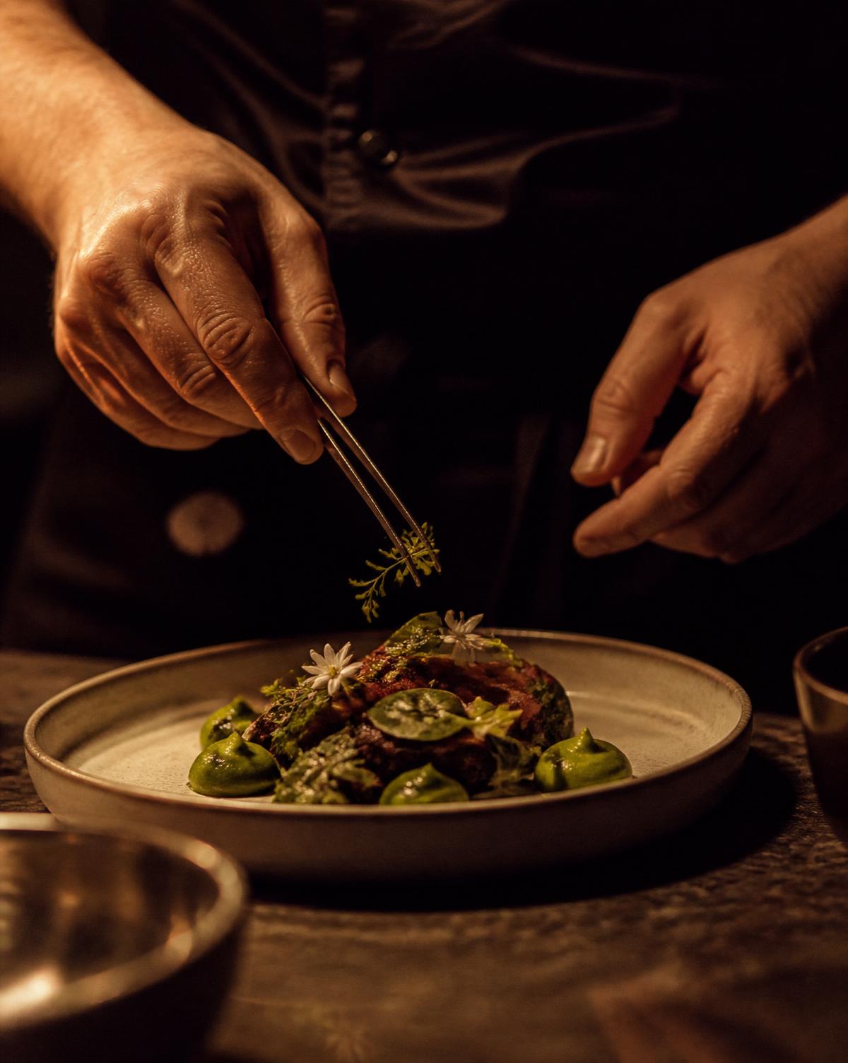 A kitchen brigade in service, plating with precision